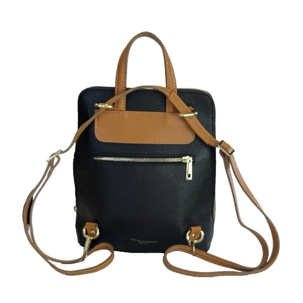 DIVINA FIRENZE Italian Made Leather Black Cognac Convertible Backpack Bag Pocket